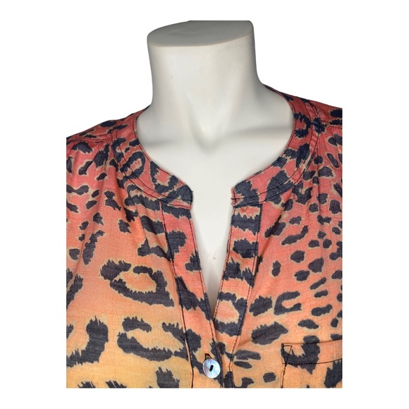 MULTIPLES Multicolor Ombre Leopard Animal Print Tie Front Linen Button Down Top - Picture 9 of 16